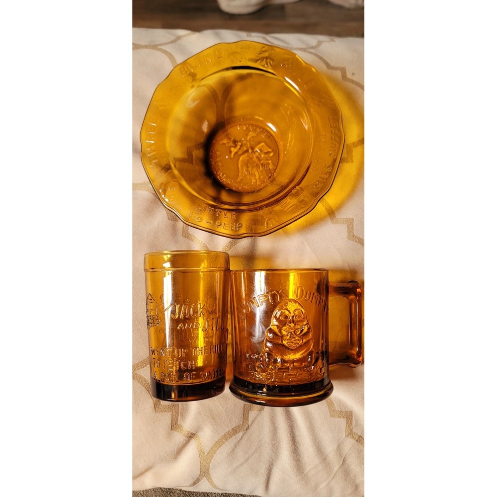 Amber Glass Bowl And Glasses Nursery Rhimes Set